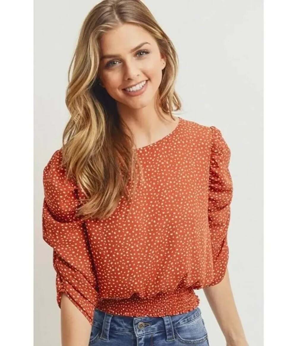 Paper Crane Puff Sleeve Smocked Band Top Medium Rust Fall  Chic